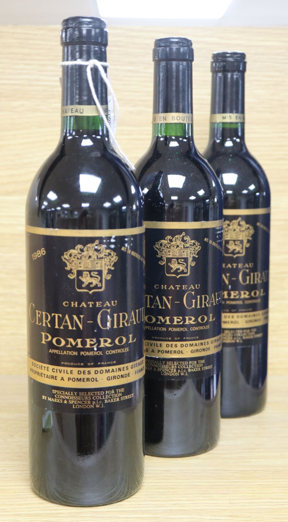 Three bottles of Chateau Certan-Giraud Pomerol 1986